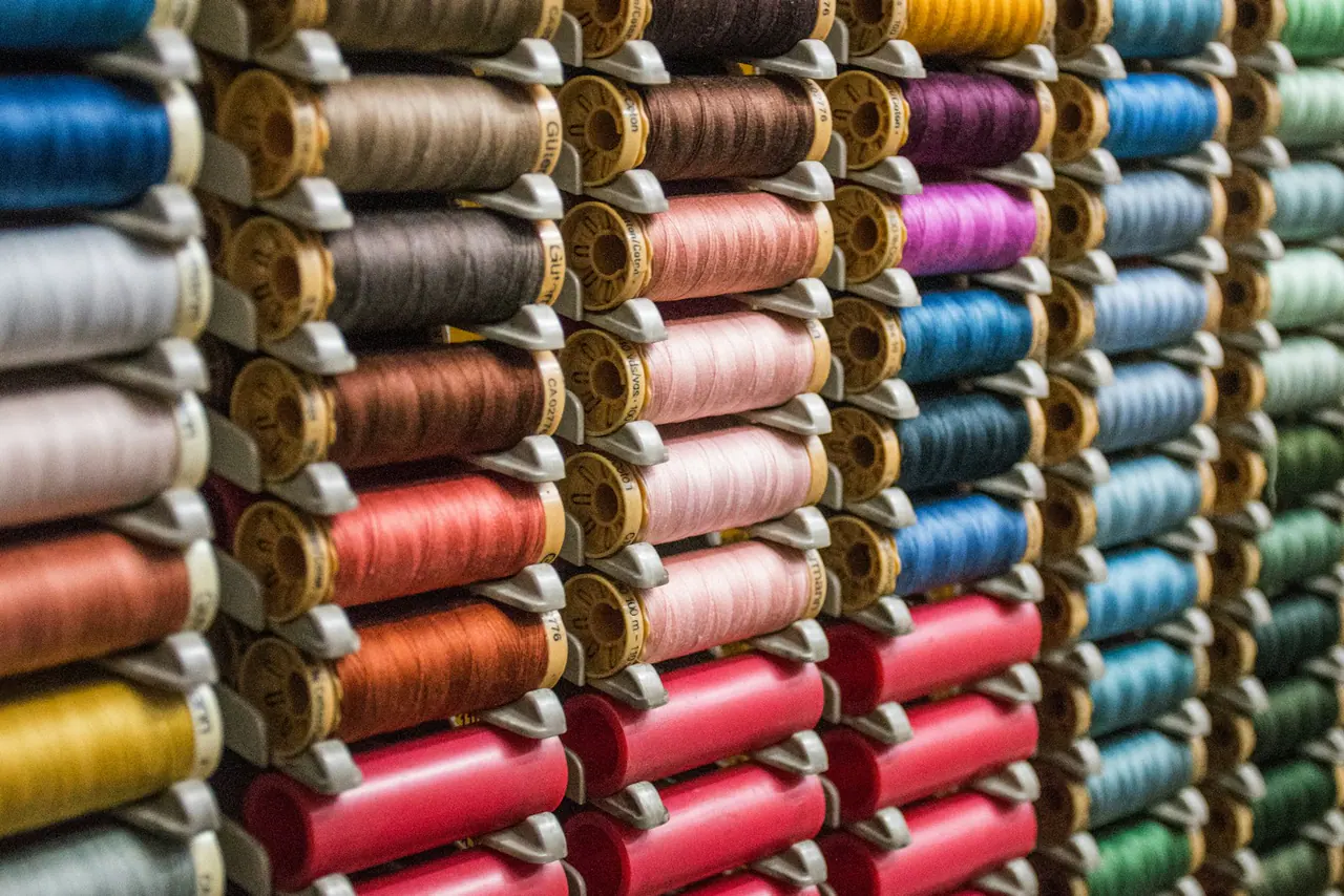 Close-up of colorful textile thread cones